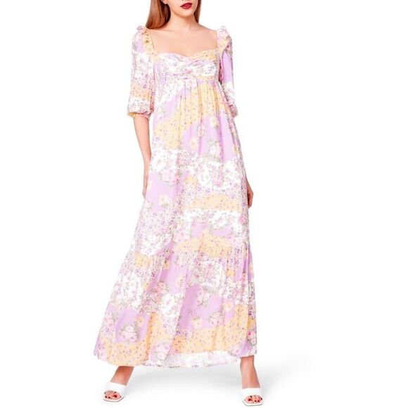 ✨Betsey Johnson Spring Maxi Sz Small Dress Smocked Lavender Floral Patchwork✨ - Picture 2 of 9